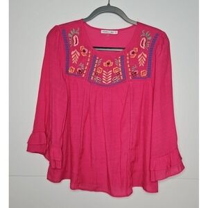 Figueroa & Flower Womens Pink Peasant Embroidered Blouse Size Large Petite